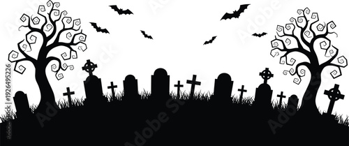 Spooky Halloween cemetery silhouette featuring crooked trees gravestones and flying bats isolated on white background for seasonal holiday horror design