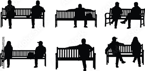 People sitting on park bench silhouettes showing men and women relaxing, waiting, talking, resting, outdoor lifestyle, public space concept