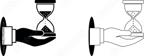 Hand holding hourglass icon vector silhouette and outline style for time management business concept and deadlines isolated on transparent background