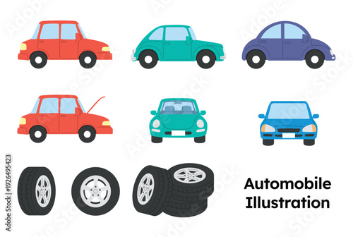 Various colorful automobile and car tire vector illustration set