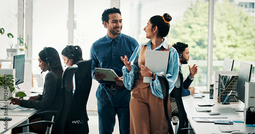 Tableau sur toile Call center, paperwork or people with tablet walking, customer service or telemarketing discussion