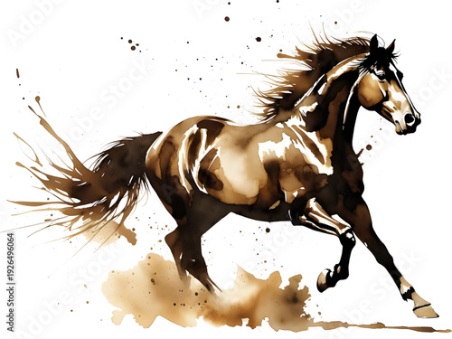 Dynamic sepia galloping horse in expressive watercolor with splatter detail, powerful equestrian artwork for rustic wall decor and western interiors
