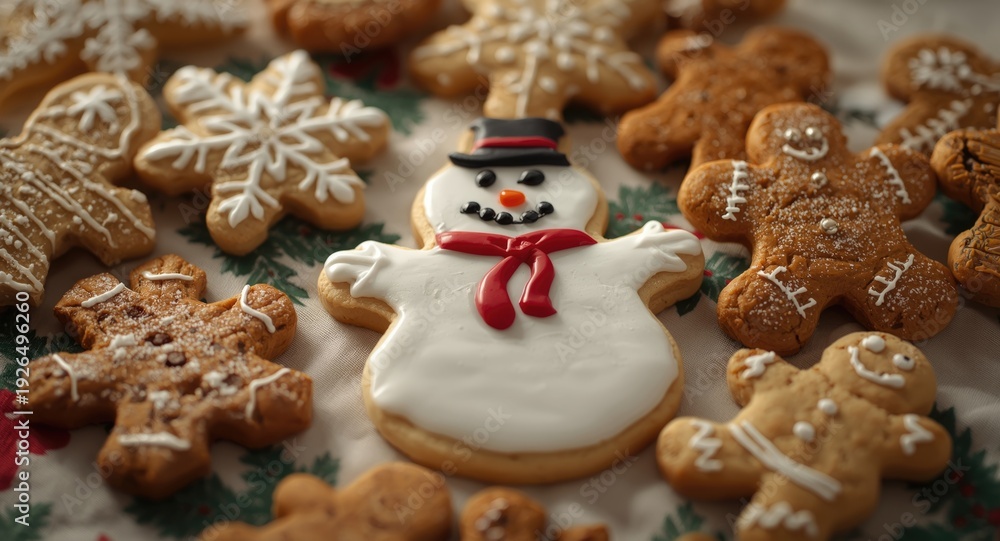 Fototapeta premium Festive snowman cookie surrounded by assorted holiday cookies