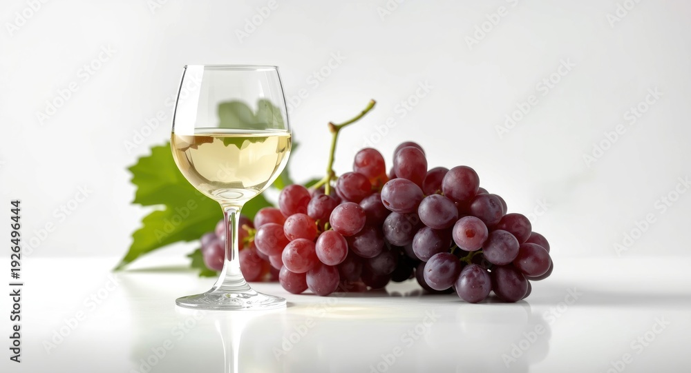 Naklejka premium Juicy grape bunch alongside a glass of white wine on a pure white setting