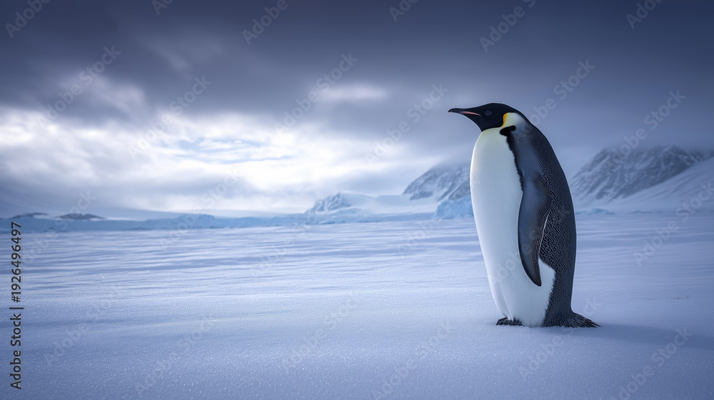 Obraz premium Emperor penguin standing alone on snowy Antarctic landscape with icy mountains in background.