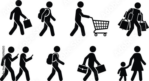 Shopping and business people silhouette set, walking figures with bags, cart, backpack, briefcase, parent and child isolated
