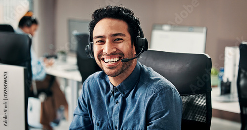 Valokuva Portrait, man and happy with headset in call center for customer service, assistance and help desk