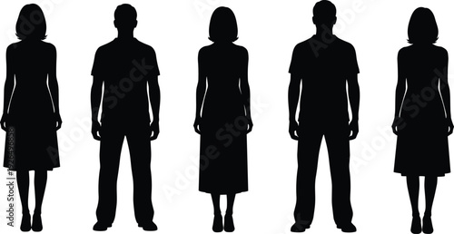 Standing man and woman silhouette set, full body front view black human figures isolated on white background collection