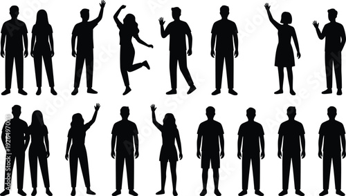 Standing people silhouette collection showing men and women waving, greeting, posing, jumping, casual postures, social interaction, lifestyle character set