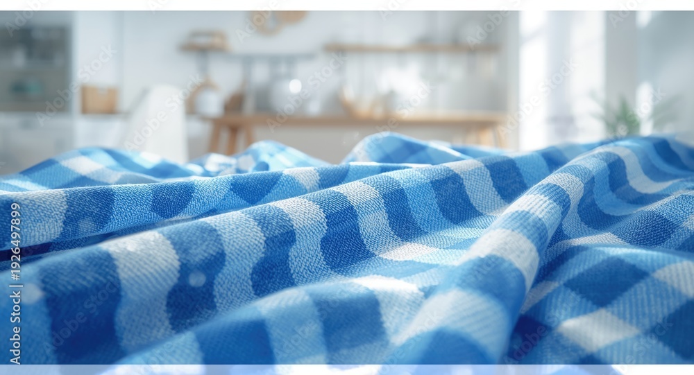 Fototapeta premium Checkered tartan plaid woven fabric texture in blue and white for kitchen towel linen material background