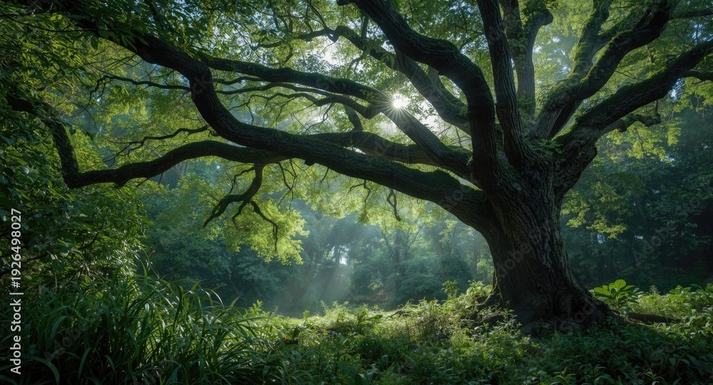 Fototapeta premium Lush green forest with a tree exhibiting many intertwined branches extending outward