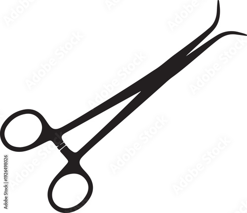 Black silhouette of surgical forceps or hemostatic clamp, a medical instrument used in surgery, isolated on a white background.