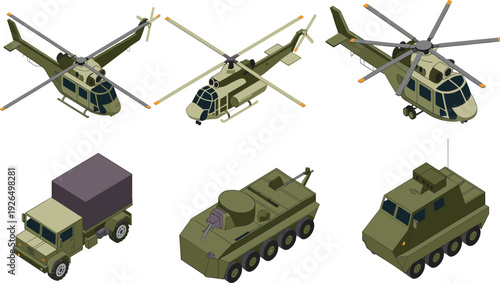 Isometric military transport vehicle vector set, including helicopters, army trucks, tanks, and armored tactical combat carriers