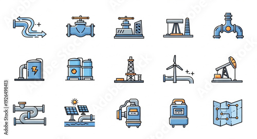 Collection of various industrial pipeline and oil production equipment illustrations.