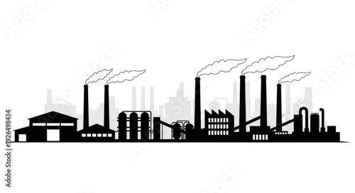 Silhouette of an industrial factory complex with smoke stacks against a white background.