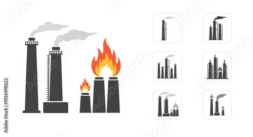 Industrial complex with smoke stacks and flames, representing pollution and energy production.