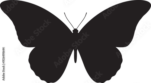 Black silhouette of a butterfly with spread wings, symbolizing transformation, nature, and beauty, isolated on a clean white background.