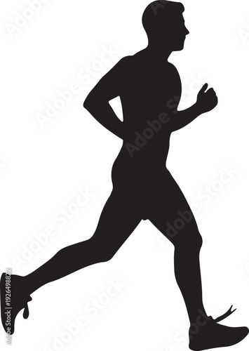 Black silhouette of a male runner in mid-stride, representing fitness, athleticism, and the pursuit of health, isolated on a white background.