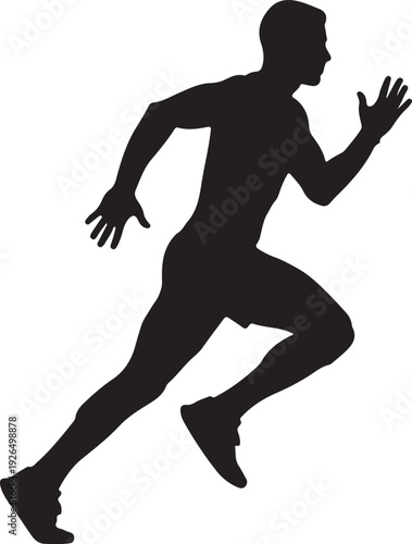 Black silhouette of a male sprinter in a dynamic running pose, conveying speed, power, and athletic achievement, isolated on a white background.