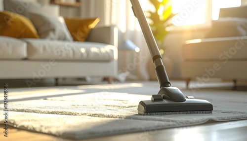 A vacuum cleaner head is positioned over a light-colored rug, capturing the cleanliness in a sunlit living room