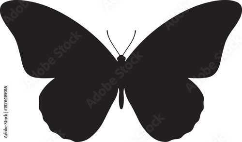 Elegant black silhouette of a butterfly with large wings spread, isolated on a white background, symbolizing nature, freedom, and transformation.