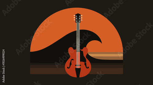 A stylized guitar centered against an orange arc, reminiscent of a sunset over the sea