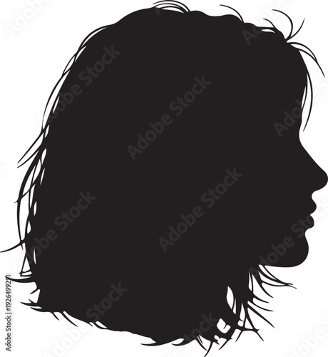 Profile silhouette of a woman's head with tousled, medium-length hair, depicted in black on a white background, representing individuality and style.