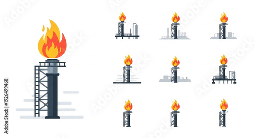 Industrial Flare Stack with Burning Flame and Supporting Structure.