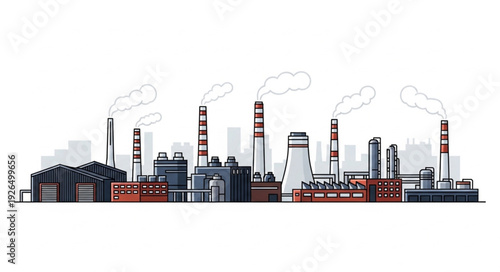 Industrial complex with smoke stacks emitting pollution into the atmosphere, factory buildings.