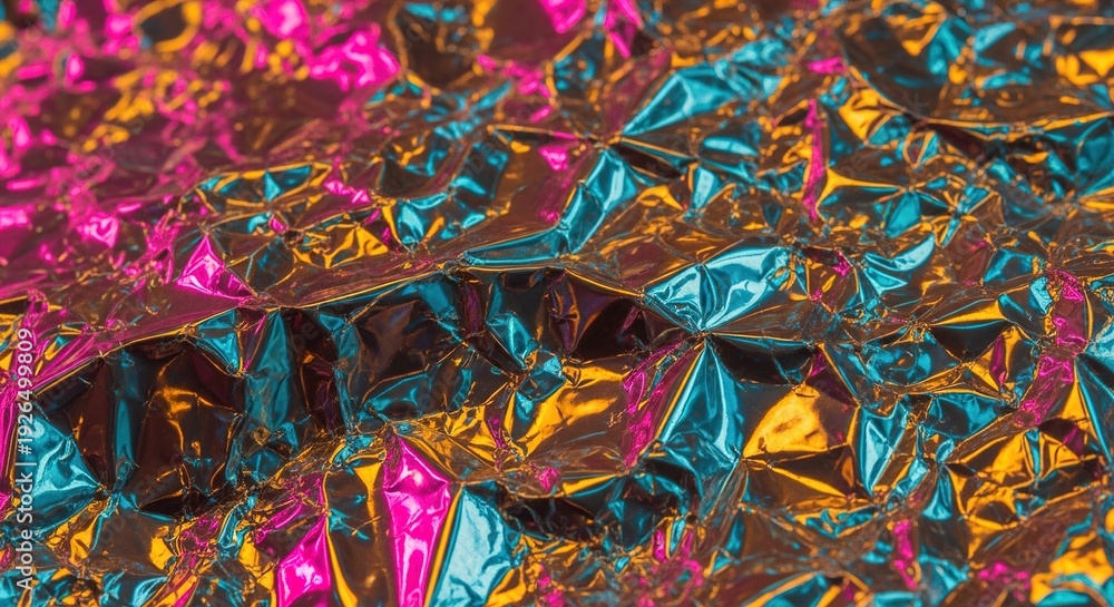 Fototapeta premium Abstract crumpled foil texture with vibrant pink orange and teal neon light reflections for