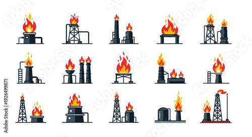 Oil refinery illustrations depicting industrial processes with flames and smoke.