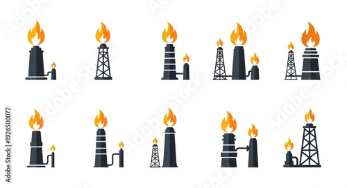 Oil refinery stacks with flames burning, representing energy production and industry.