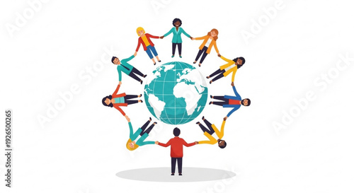 Diverse people holding hands around the earth symbolizing global unity and friendship