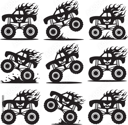 monster truck designs with skulls and flames on white background