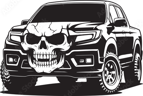 Illustration of a pickup truck with a skull on the front grille