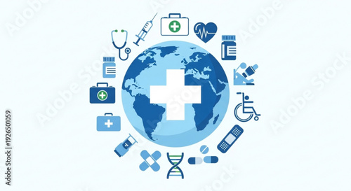 Global healthcare concept with medical symbols around the world map and white cross