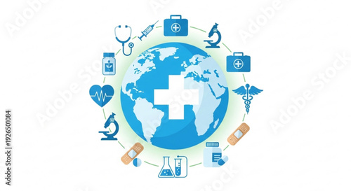 Global healthcare and medical symbols around the world map with a white cross