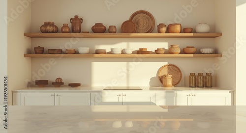 Wallpaper Mural White minimalist kitchen interior featuring wooden shelves with ceramic dishes and rustic glass details Torontodigital.ca