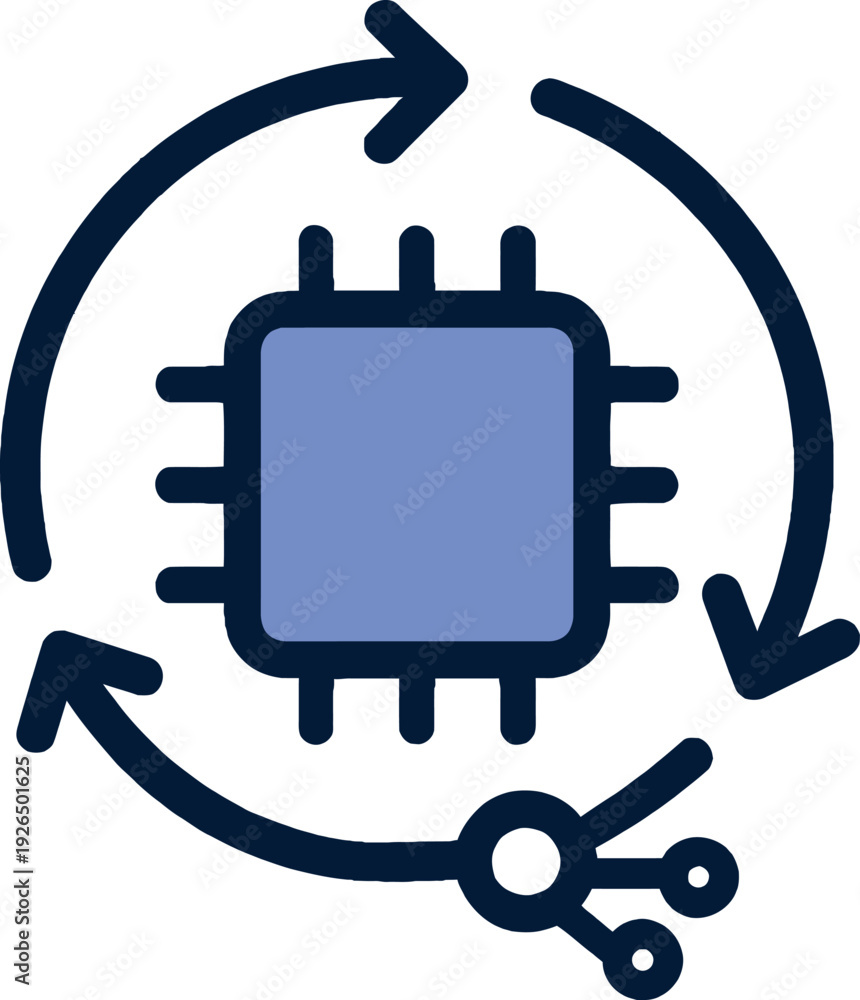 Obraz premium Microchip with circular arrows representing technology cycle and data processing flat icon for digital systems and AI concepts