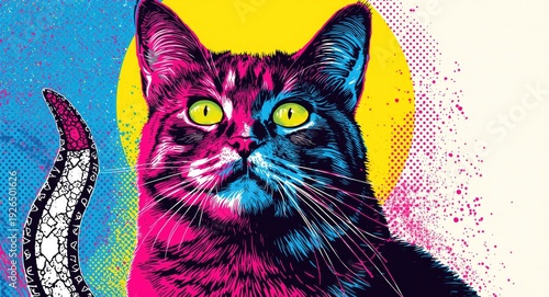 Artistic cat pop art creation combining bright colors and sharp graphics