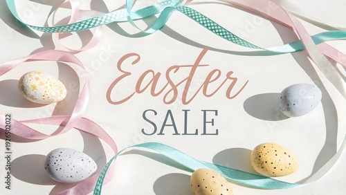 Clean Easter sale background with pastel ribbons and eggs, soft shadow, banner style