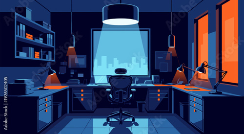 Dimly Lit Cartoon-Style Vector Illustration of Room with Chair, Desk, Lamp, Window, and Cityscape