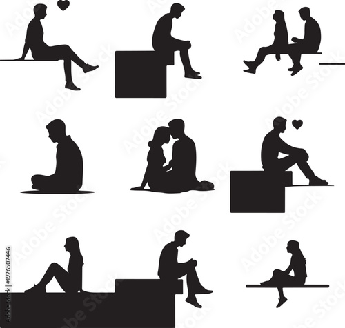 set of black silhouettes of couples and single people sitting on blocks and lines