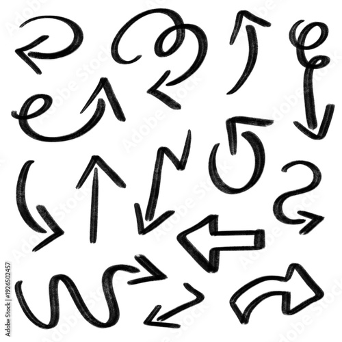 Doodles icônes de flèches noires dessinées à la main, illustration ludique minimaliste présentation professionnelle, ressource graphique.