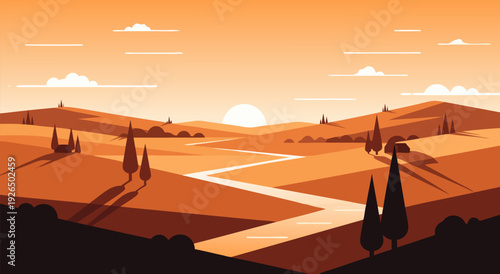 Serene Sunset Landscape with Rolling Hills, Winding Road, and Vibrant Orange Sky Vector Illustration