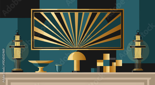 Vibrant Vector Illustration of Decorative Shelf Arrangement with Gold, Teal, and Beige Elements