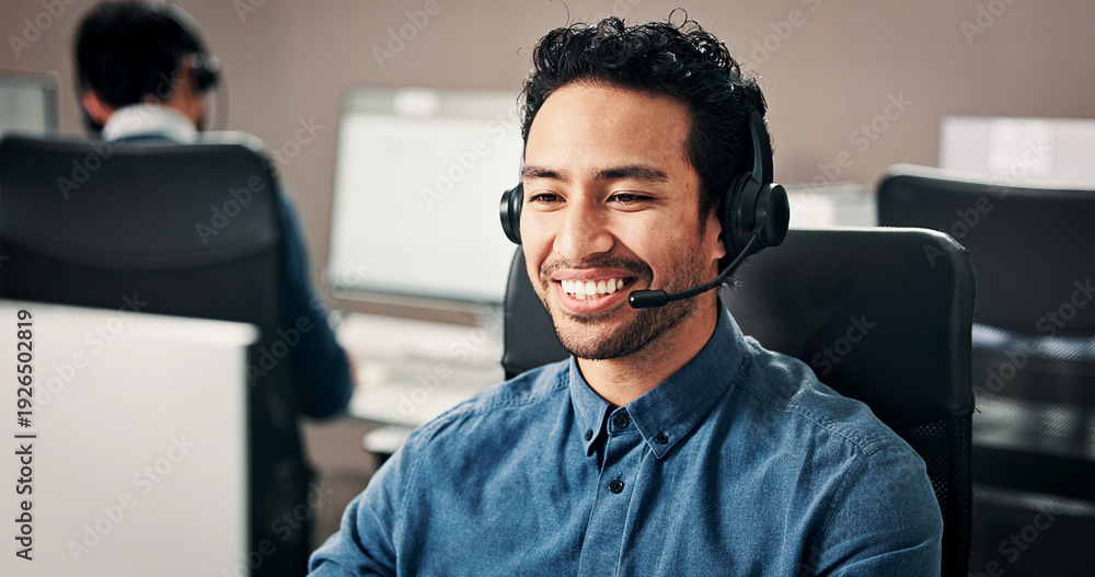 Fototapeta premium Happy man, consultant or computer with headset in call center for communication or customer service. Male person, friendly agent or smile with mic for virtual assistance, web support or online advice