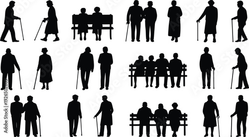 Elderly people silhouette set with walking cane and sitting on bench, senior men and women isolated vector illustration collection