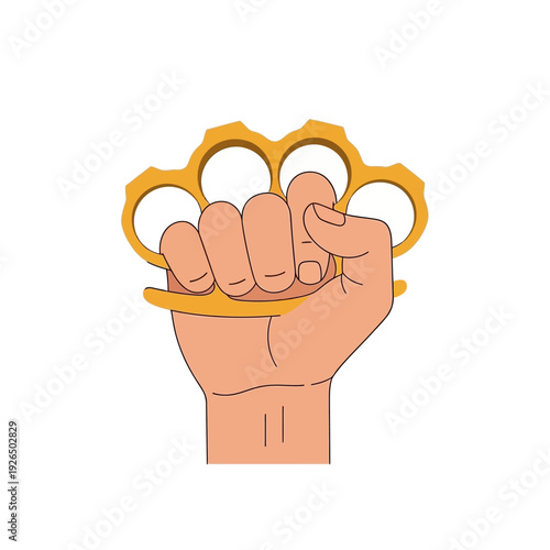 Hand holding brass knuckles, aggressive fist, weapon, power, danger symbol