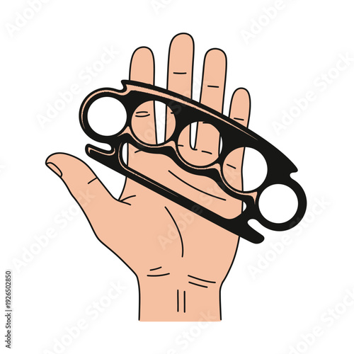 Hand holding brass knuckles, close-up, isolated on white background